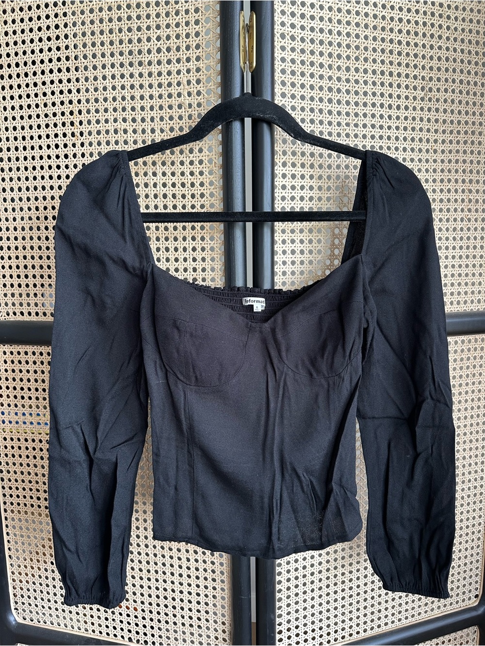 Reformation Reign Top Black Sweetheart Balloon Sleeve Blouse